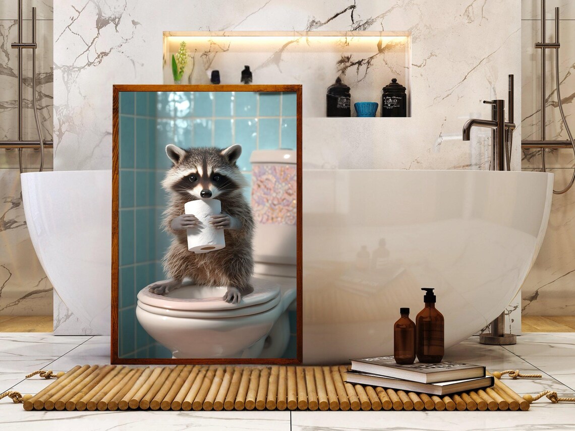Cute Raccoon On Toilet Holding Toilet Paper Funny Bathroom Poster - Image 5