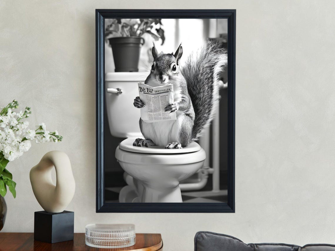 Squirrel Reading Newspaper On Toilet Black And White Animal Poster - Image 2