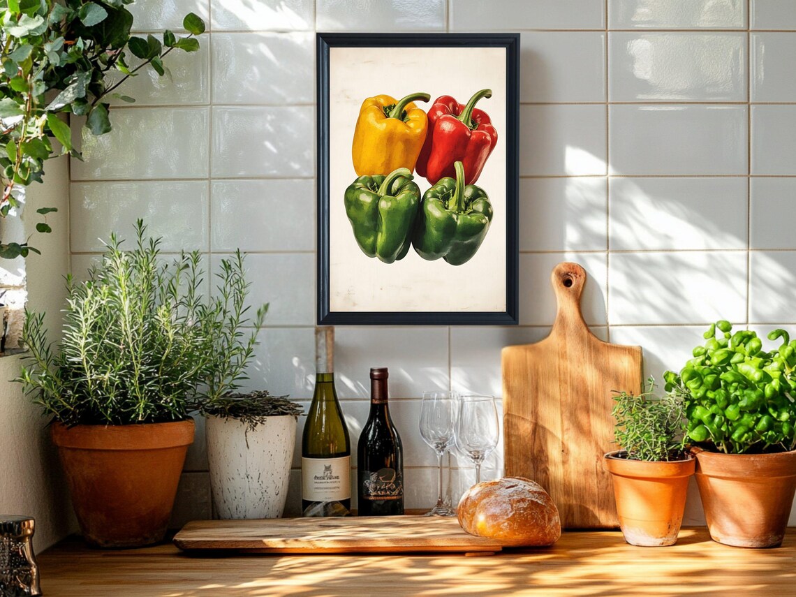 Colorful Peppers Wall Art Print Kitchen Decor Vibrant Vegetable Poster Bell Peppers Painting Farmhouse Wall Art Home Decor Food Art - Image 2