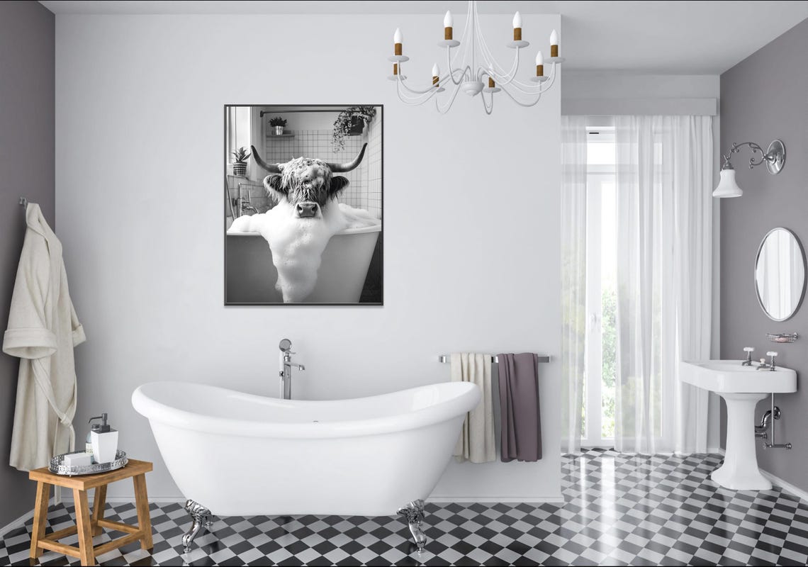Highland Cow Soaking in a Bubble Bath Black and White Farmhouse Poster - Image 2