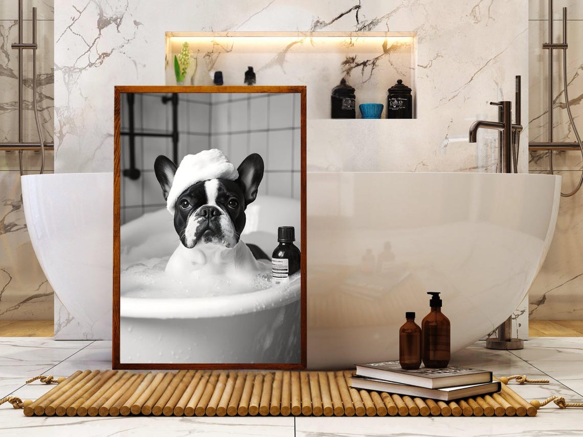 French Bulldog in a Bubble Bath With a Foam Cap on Its Head Poster - Image 5