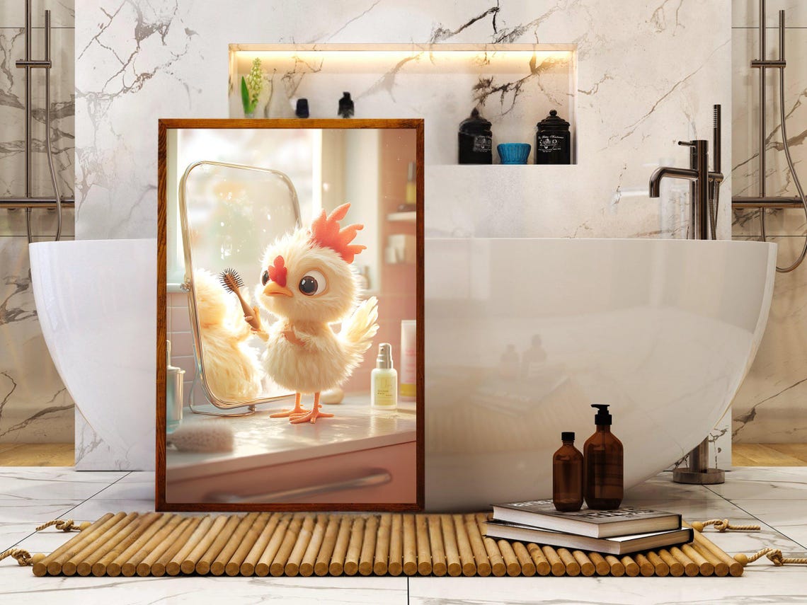 Cute Fluffy Chick Brushing Its Feathers Before the Mirror Poster - Image 5