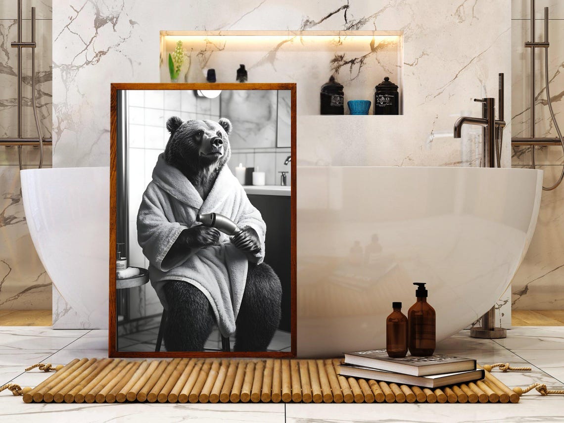 Black Bear in a Bathrobe Holding a Hair Dryer Bathroom Poster - Image 5