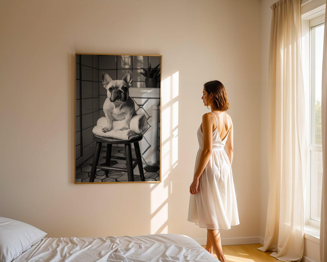 French Bulldog Sitting on a Towel in a Vintage Bathroom Photo Poster - Image 3