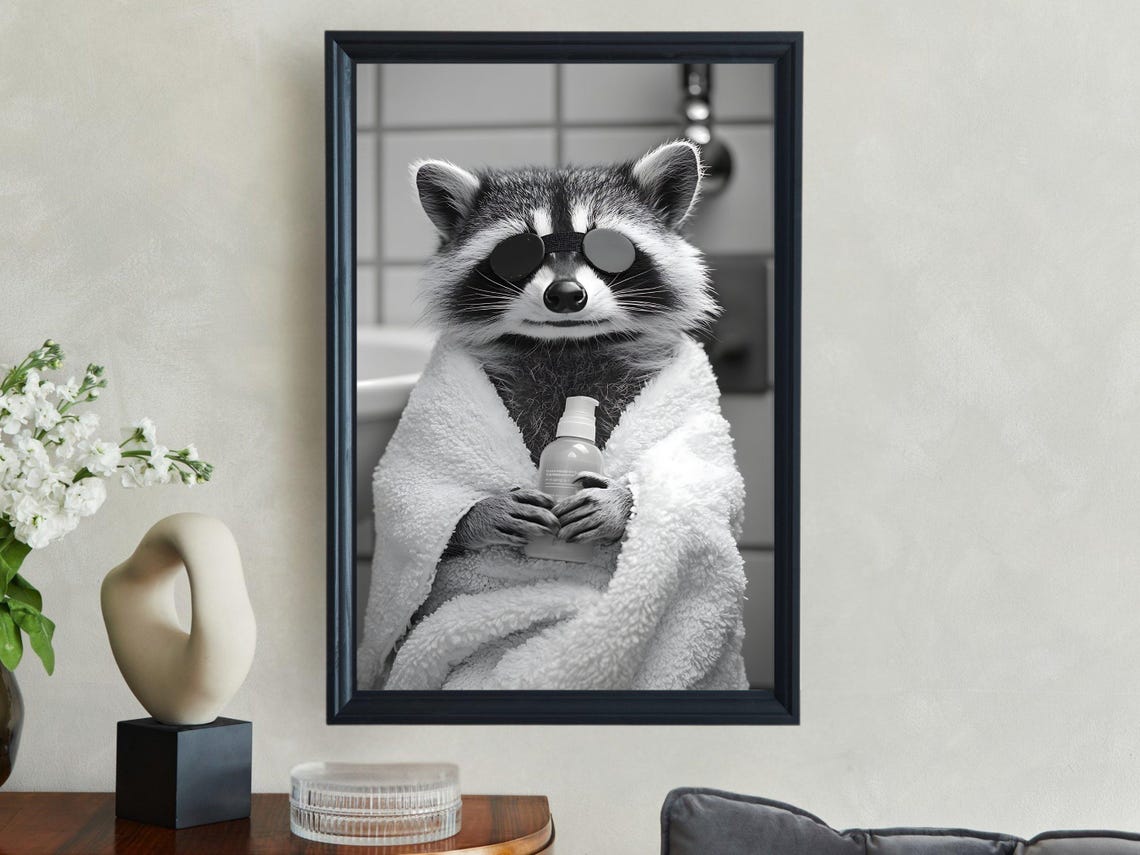Raccoon In Towel With Soap Bottle Black And White Bathroom Poster - Image 2