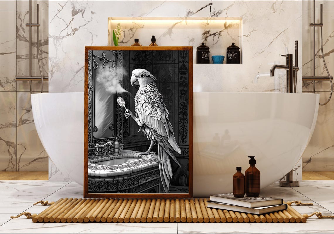 Parrot Holding a Shower Brush at an Ornate Sink Black and White Poster - Image 5