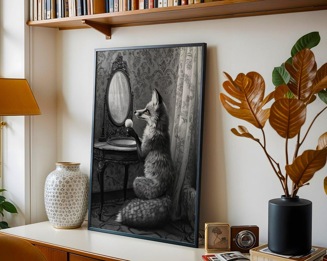 Vintage Black and White Fox Admiring Itself in a Mirror Poster - Image 4