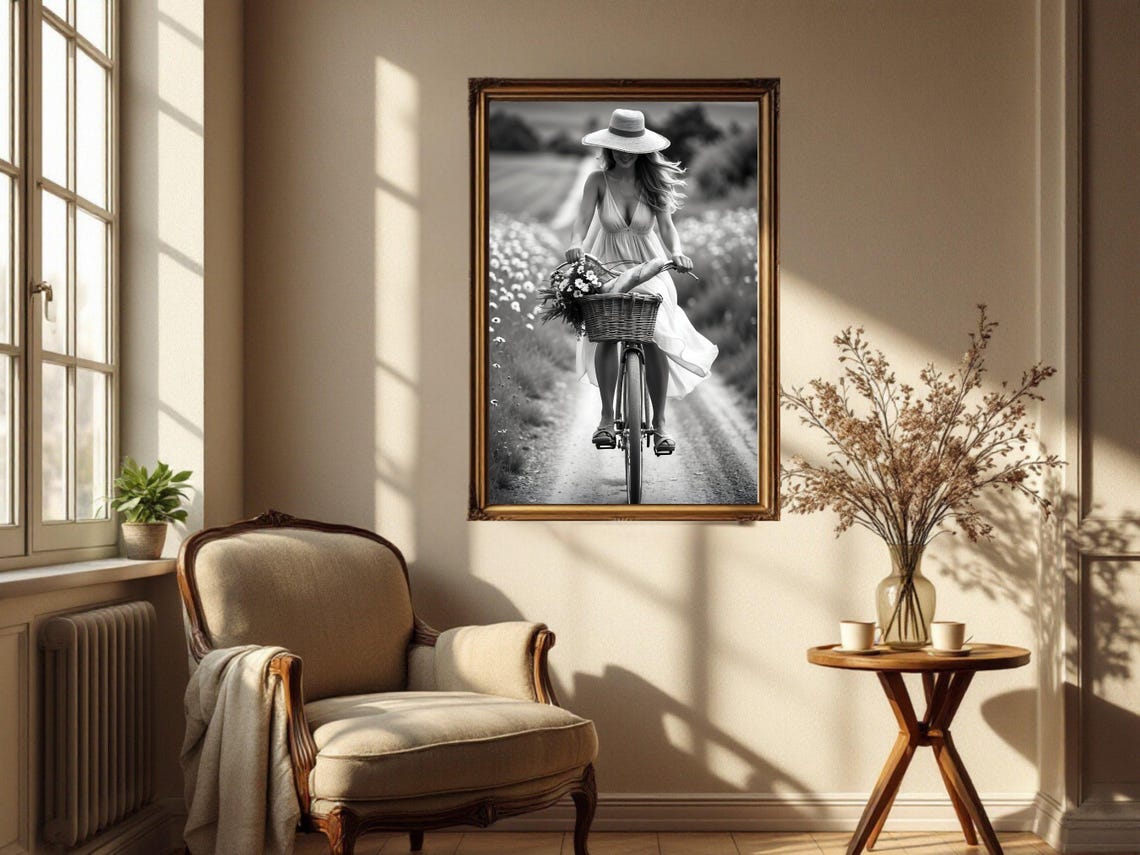 Woman in Sunhat Cycling Country Road with Flower Basket Poster - Image 2