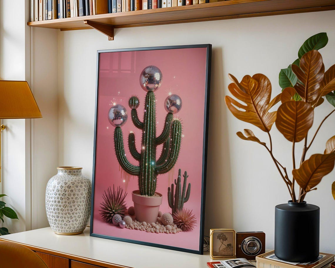 Potted Saguaro Cactus With Disco Ball Toppers Pink Plant Poster - Image 5