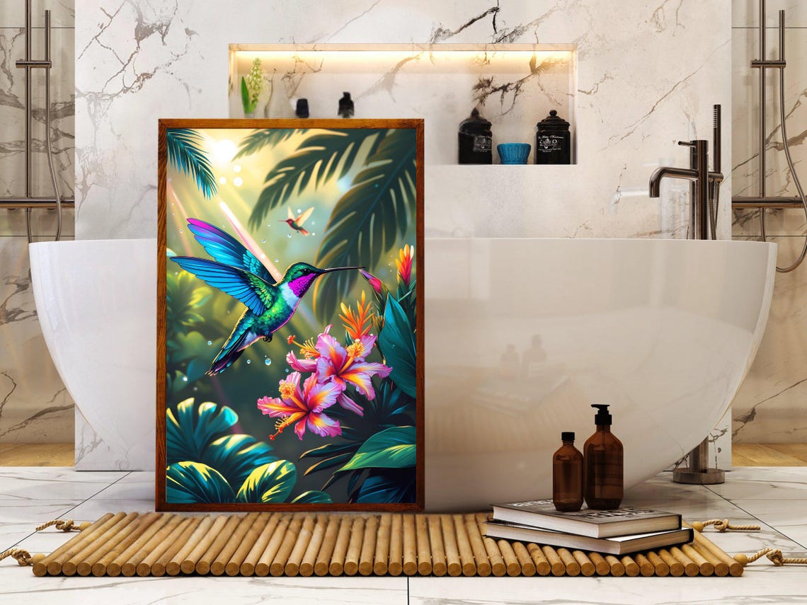 Iridescent Hummingbird Feeding At Hibiscus Flowers In A Sunbeam Poster - Image 5