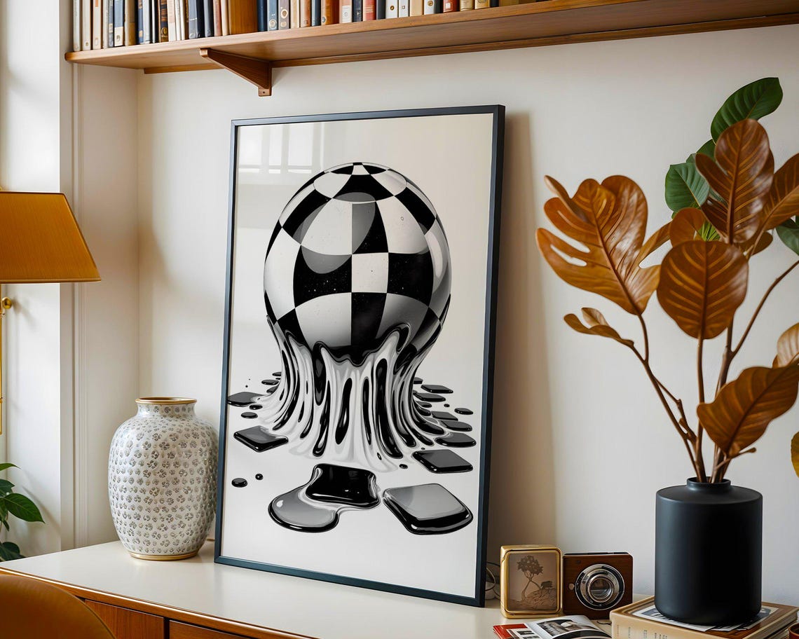 Abstract Optical Illusion Wall Art Minimalistic Black And White Checkered Sphere Melt Modern Home Decor Geometric Art Print - Image 2