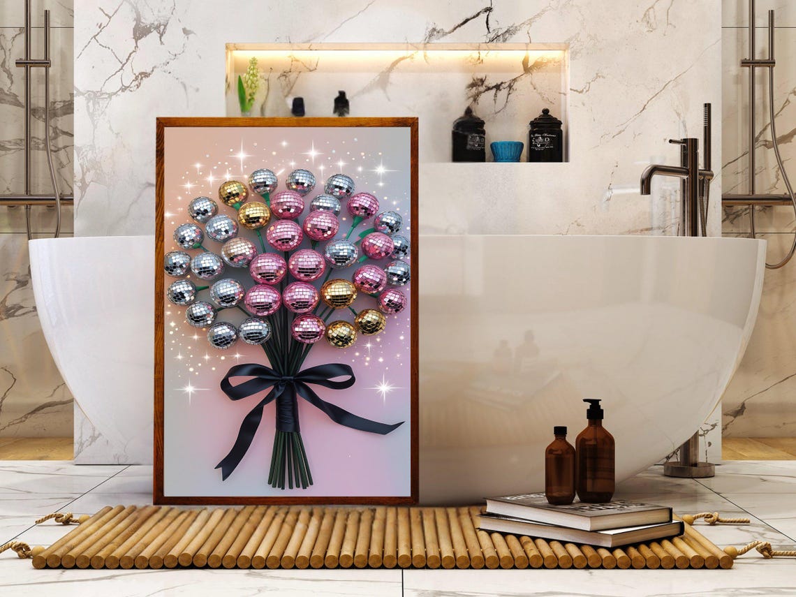 Disco Ball Flower Bouquet With Black Bow Sparkling Party Poster - Image 2
