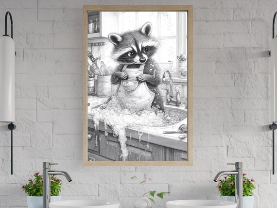 Pencil Sketch of a Raccoon Washing Dishes in a Bubbly Kitchen Sink Poster