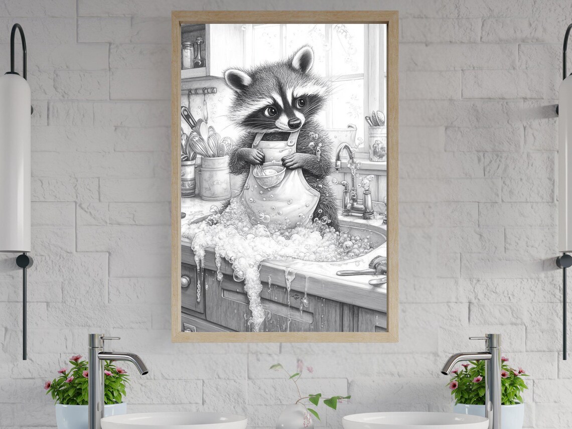 Pencil Sketch of a Raccoon Washing Dishes in a Bubbly Kitchen Sink Poster