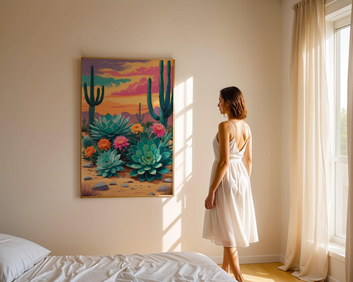 Desert Cacti And Blooming Succulents At Colorful Sunset Poster - Image 4