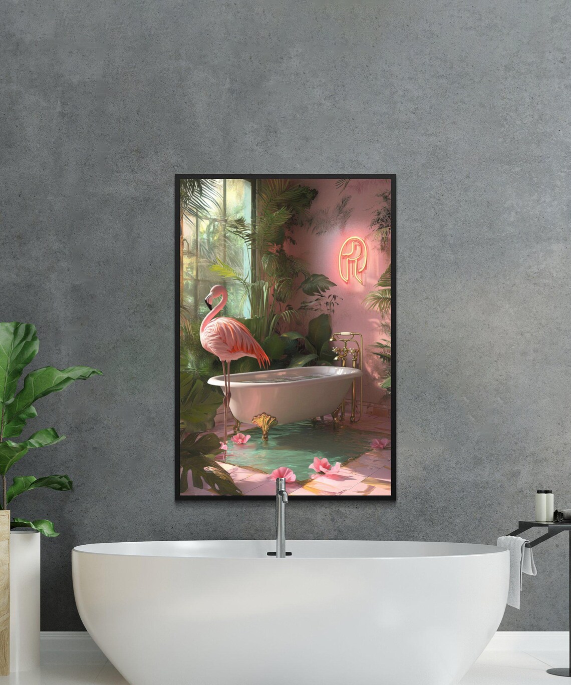 Pink Flamingo Standing in a Bathtub Under a Neon Sign Poster - Image 2