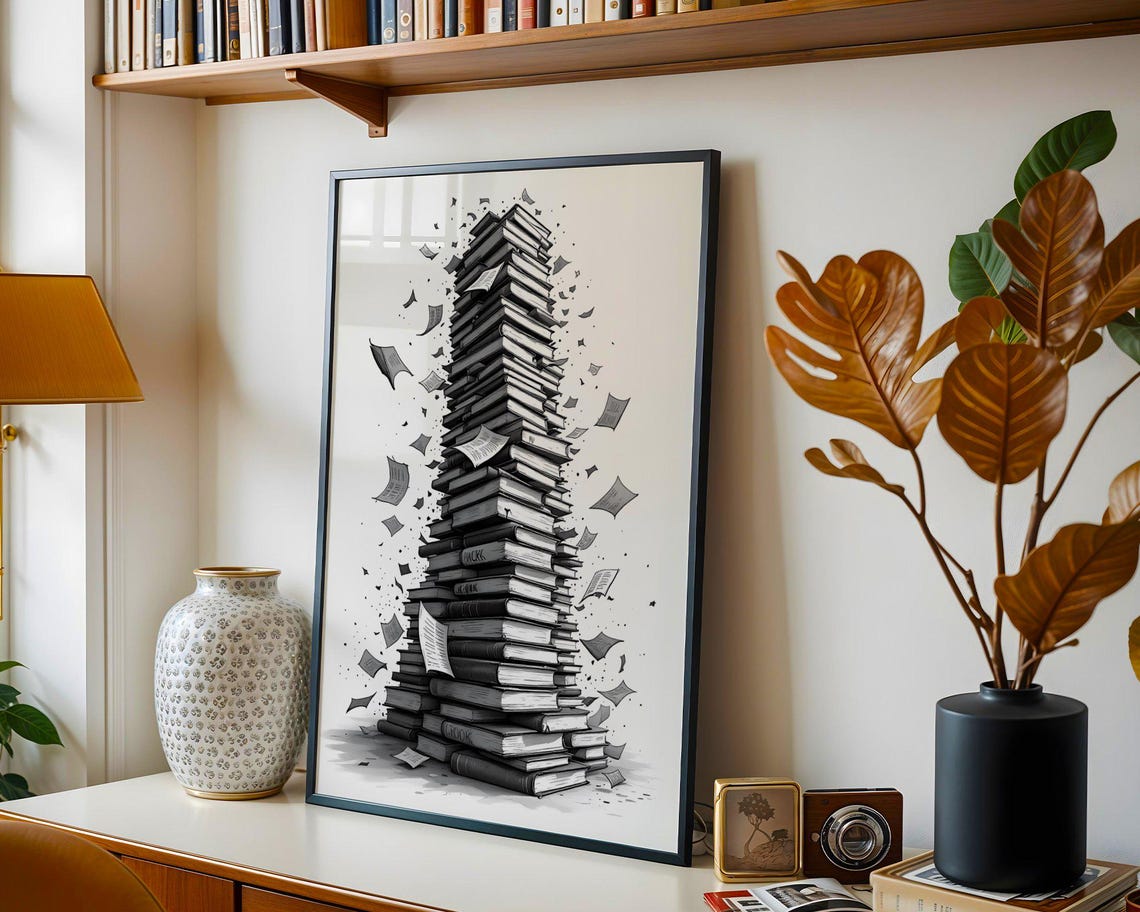 Towering Stack Of Books With Flying Pages Black White Poster - Image 2