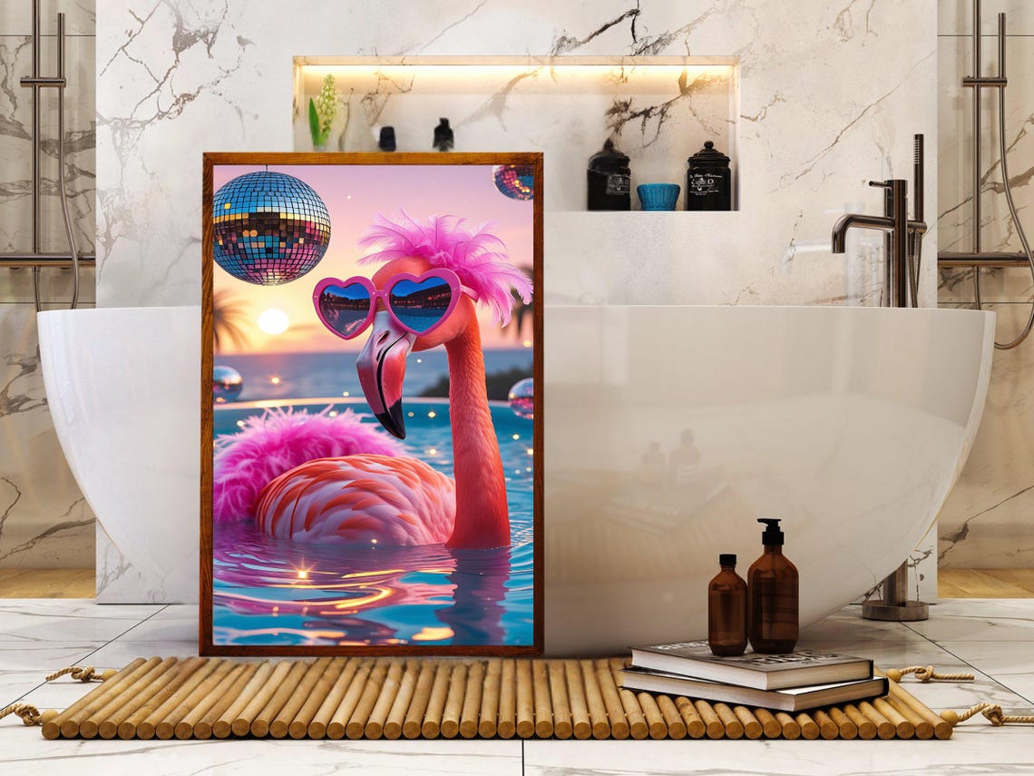 Flamingo In Heart Sunglasses Floating Pool Sunset Disco Party Poster - Image 2