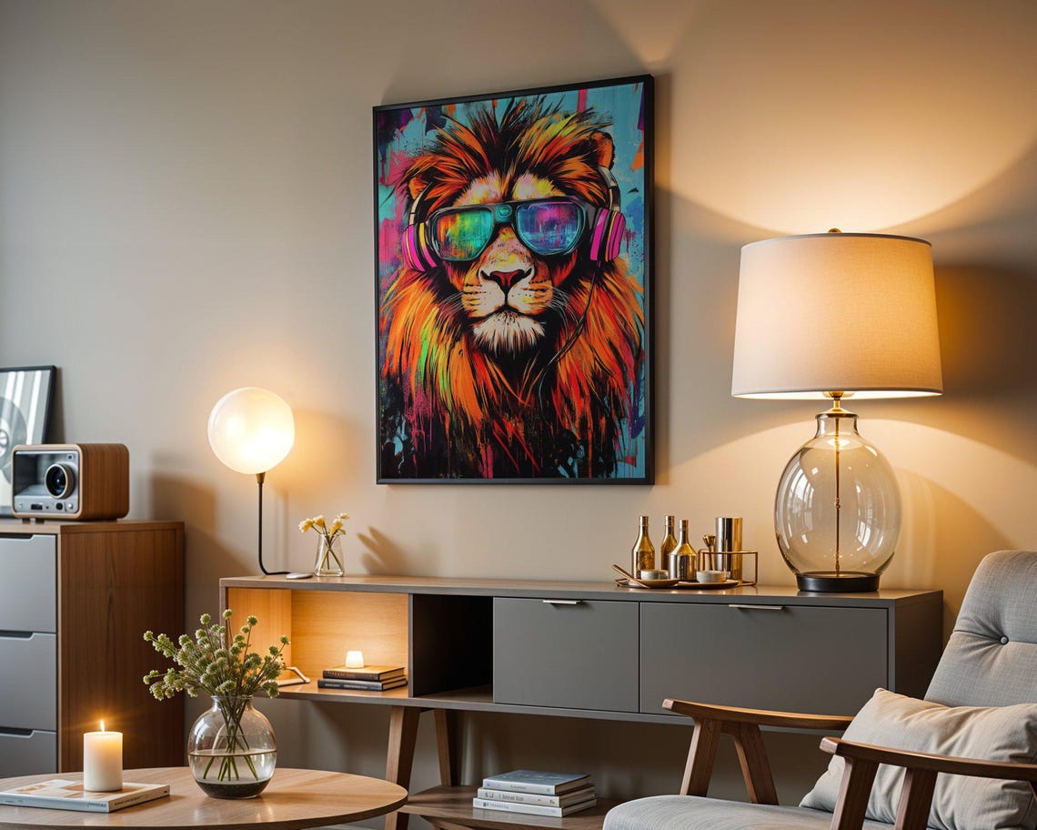Colorful Pop Art Lion With Headphones And Reflective Sunglasses Poster - Image 3