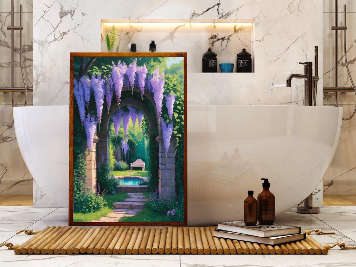 Wisteria Covered Stone Archway Serene Secret Garden Path Poster - Image 5