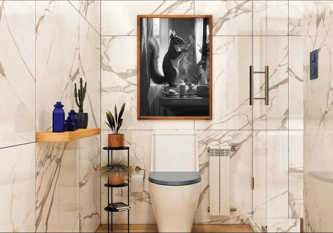 Cute Squirrel Brushing Teeth at a Bathroom Sink Black and White Poster - Image 4