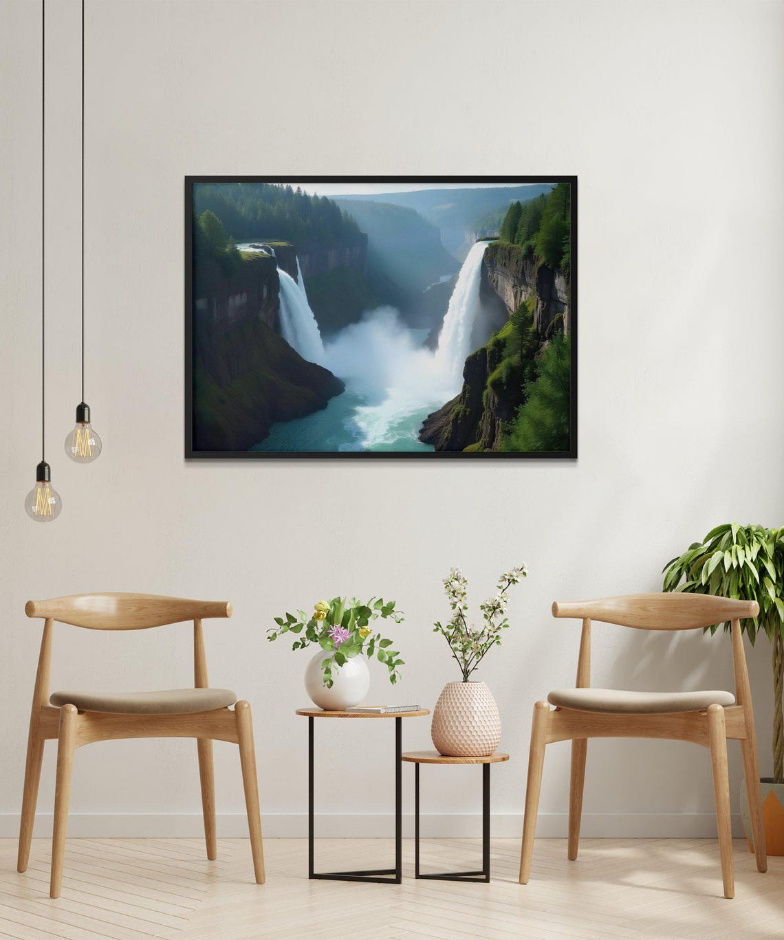 Twin Waterfalls Plunging into a Misty Green Canyon Gorge Poster - Image 2