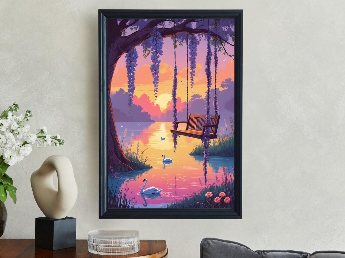 Enchanting Lake Sunset Poster, Serene Nature Scene