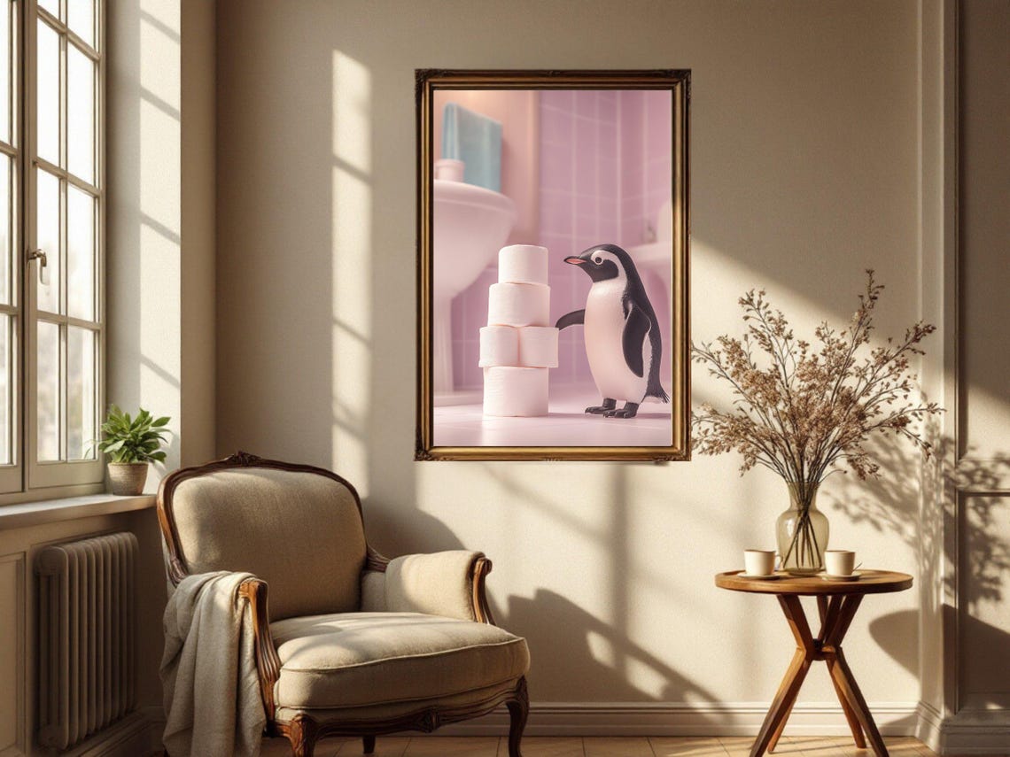 Playful Penguin Beside a Tall Tower of Toilet Paper Rolls Poster - Image 4