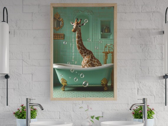 Giraffe Standing in Bathtub With Bubbles Teal Bathroom Poster