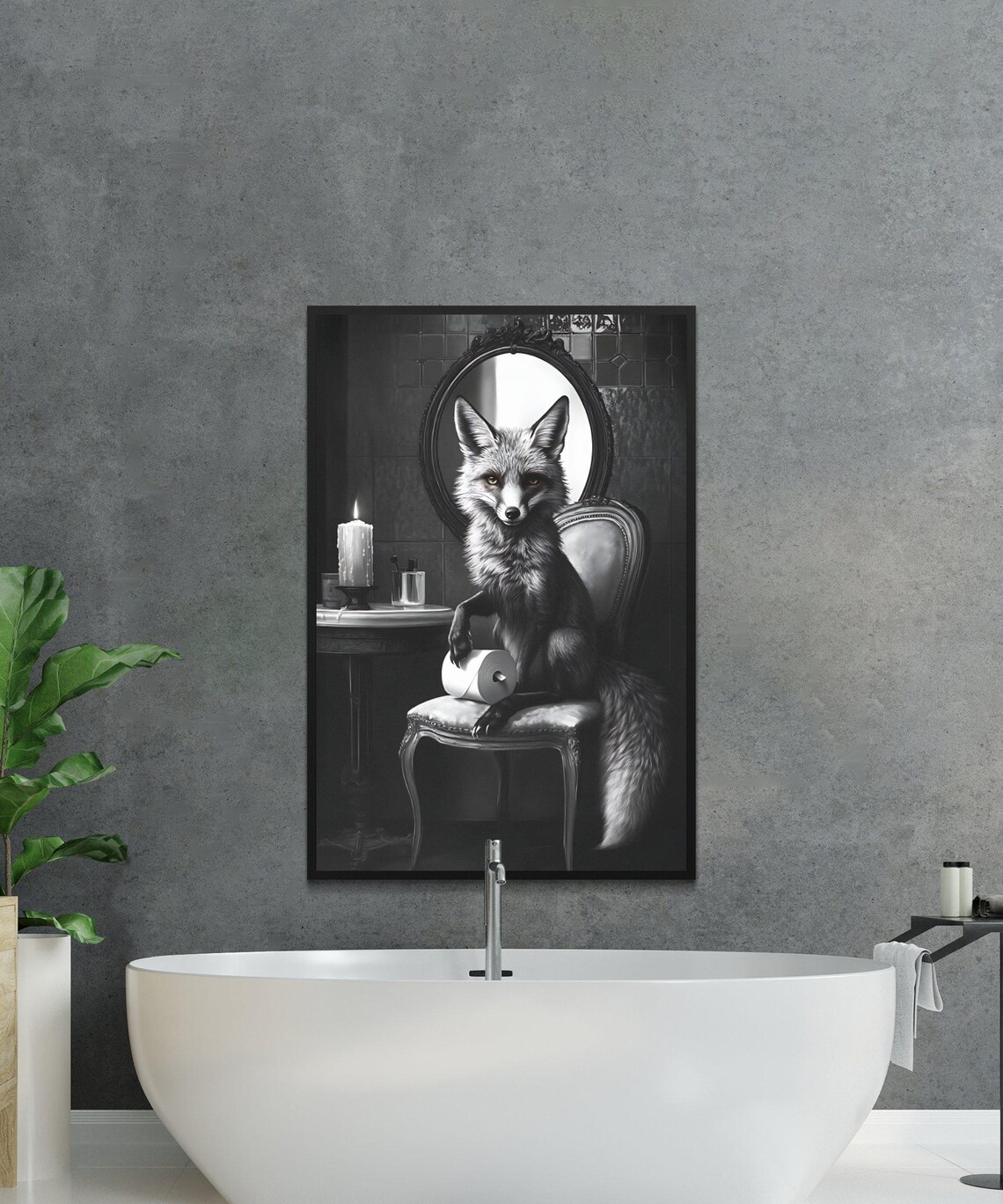 Fox Sitting on an Elegant Chair Holding Toilet Paper in a Dark Room Poster - Image 2