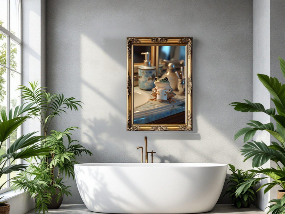 Cute Frog Holding Toilet Paper While Sitting on a Bathroom Sink Poster - Image 3