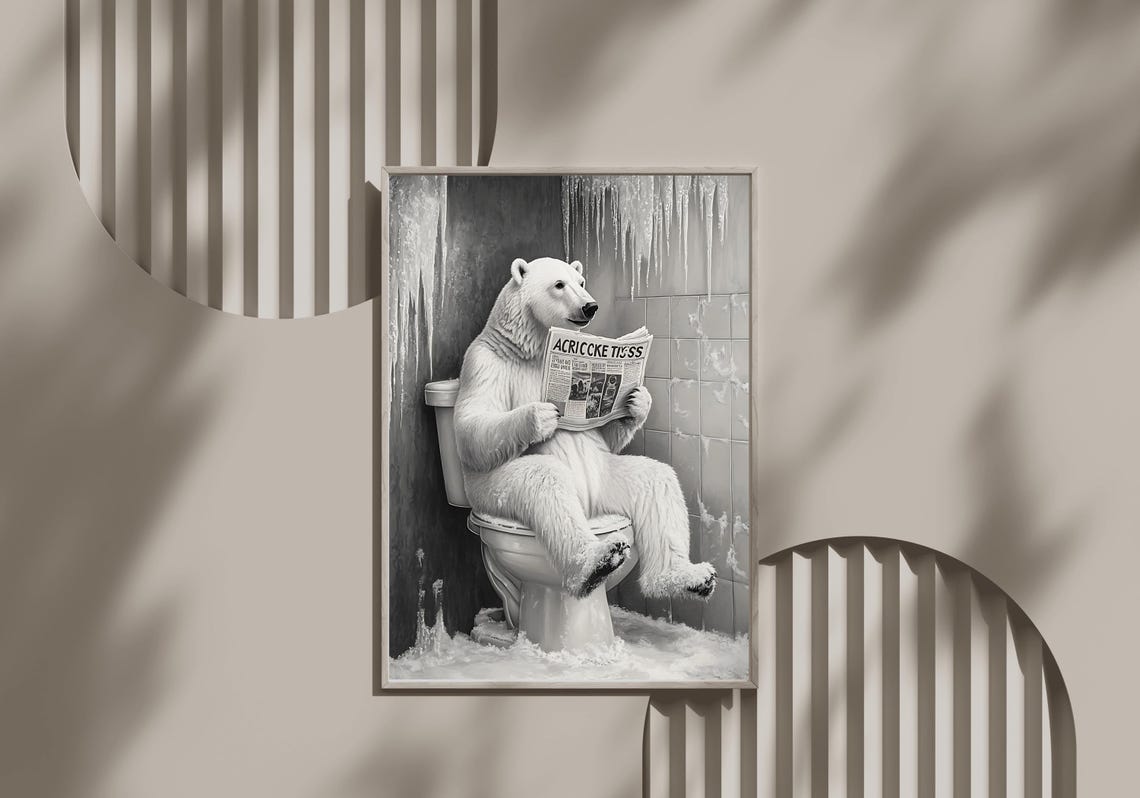 Polar Bear Reading the Paper on the Toilet in an Icy Bathroom Poster
