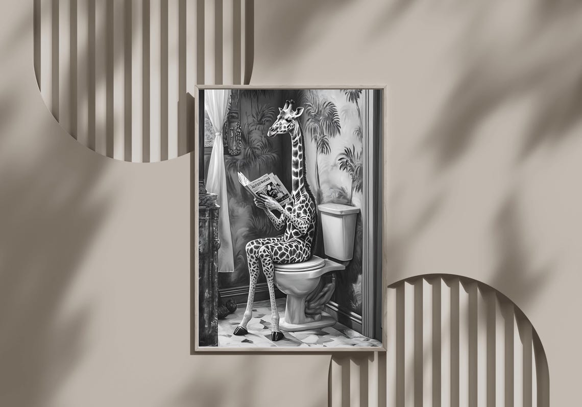 Giraffe Reading a Newspaper on the Toilet Whimsical Bathroom Poster