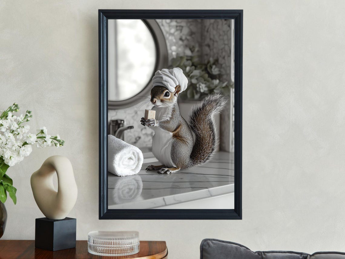Cute Squirrel with Towel Turban Holding a Soap Bar Bathroom Poster - Image 2
