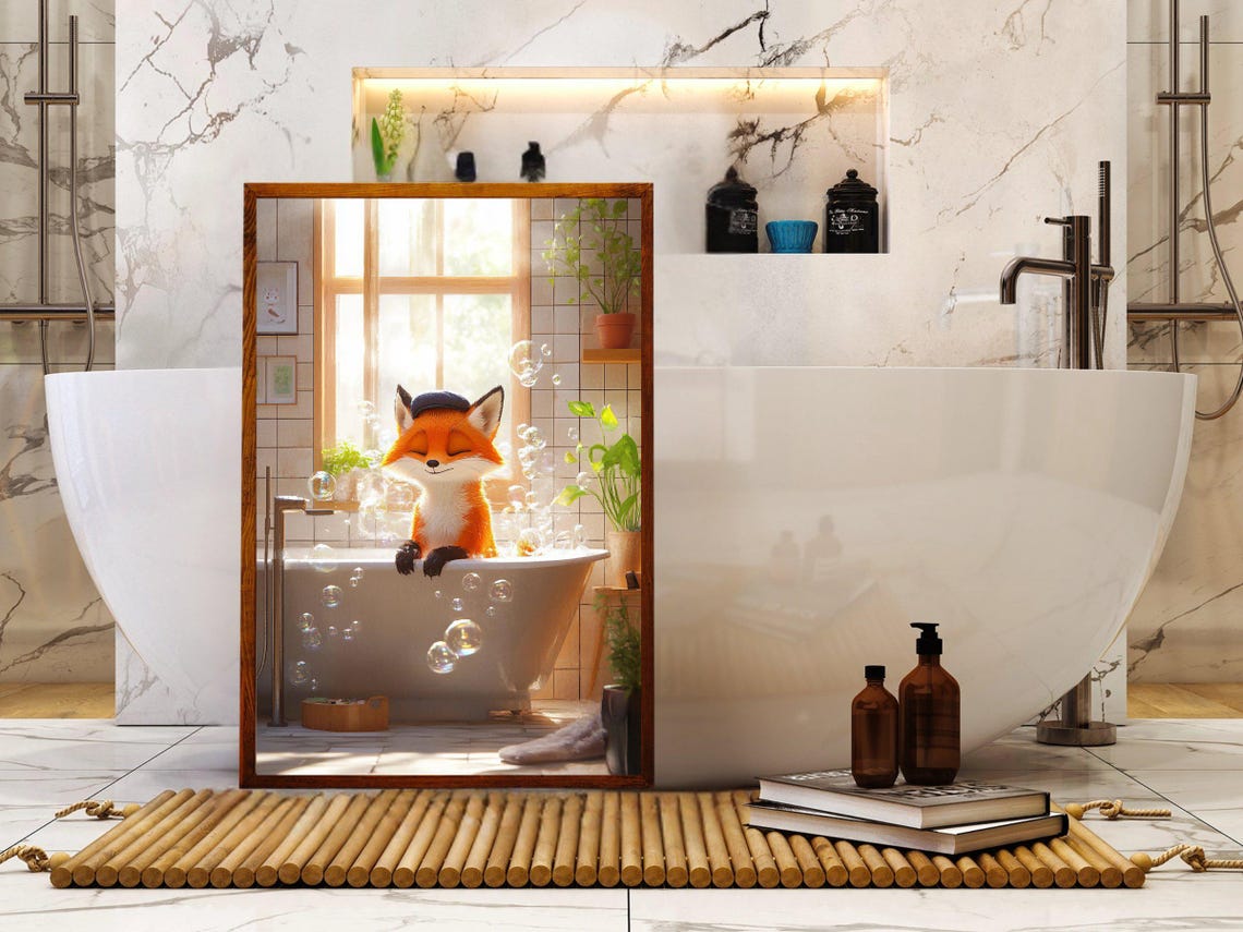 Happy Cartoon Fox in a Bubble Bath Sunny Bathroom Decor Poster - Image 5