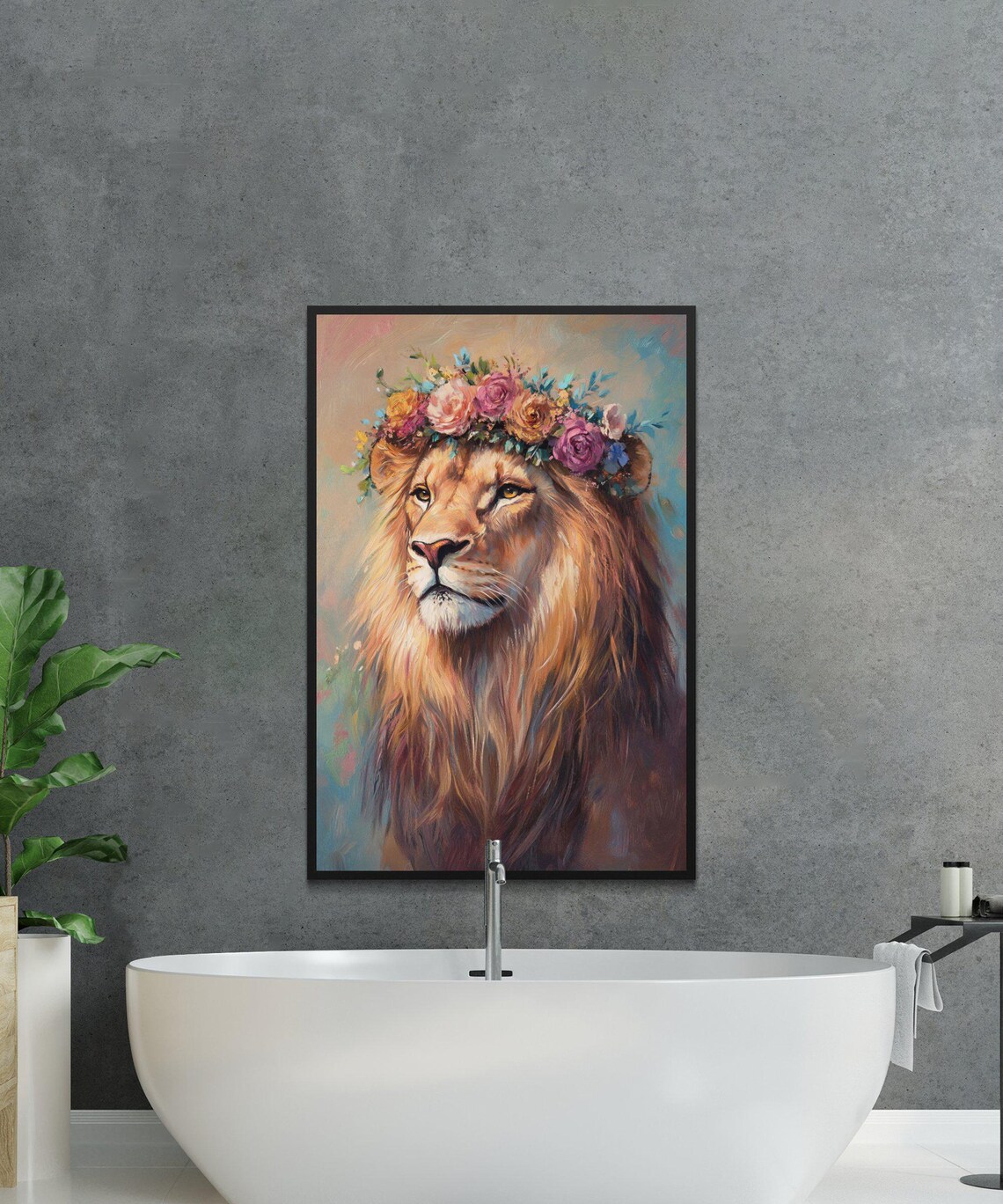 Majestic Lion Wearing a Flower Crown Painted Portrait Animal Poster - Image 3