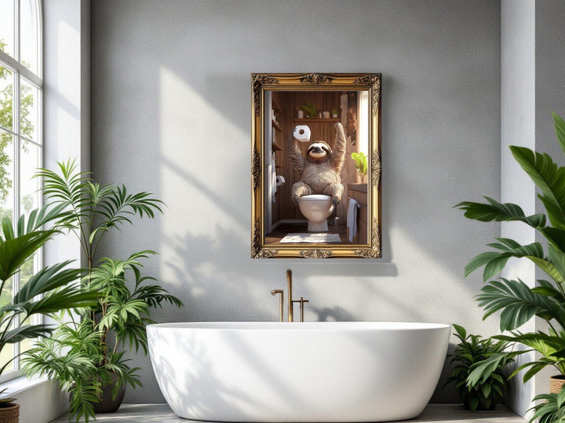 Cheerful Sloth Triumphantly Holding Toilet Paper on Toilet Poster - Image 3