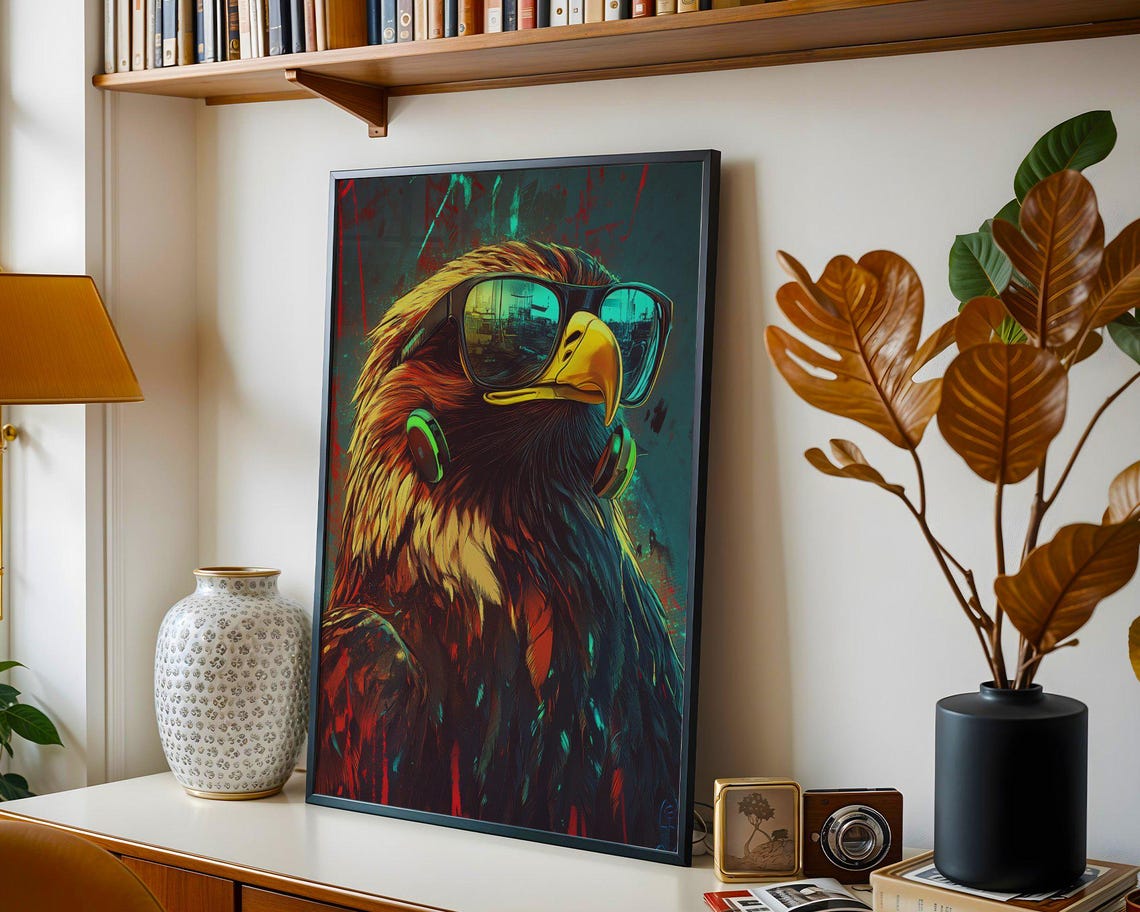 Majestic Eagle Wearing Sunglasses and Headphones Cool Art Poster - Image 2
