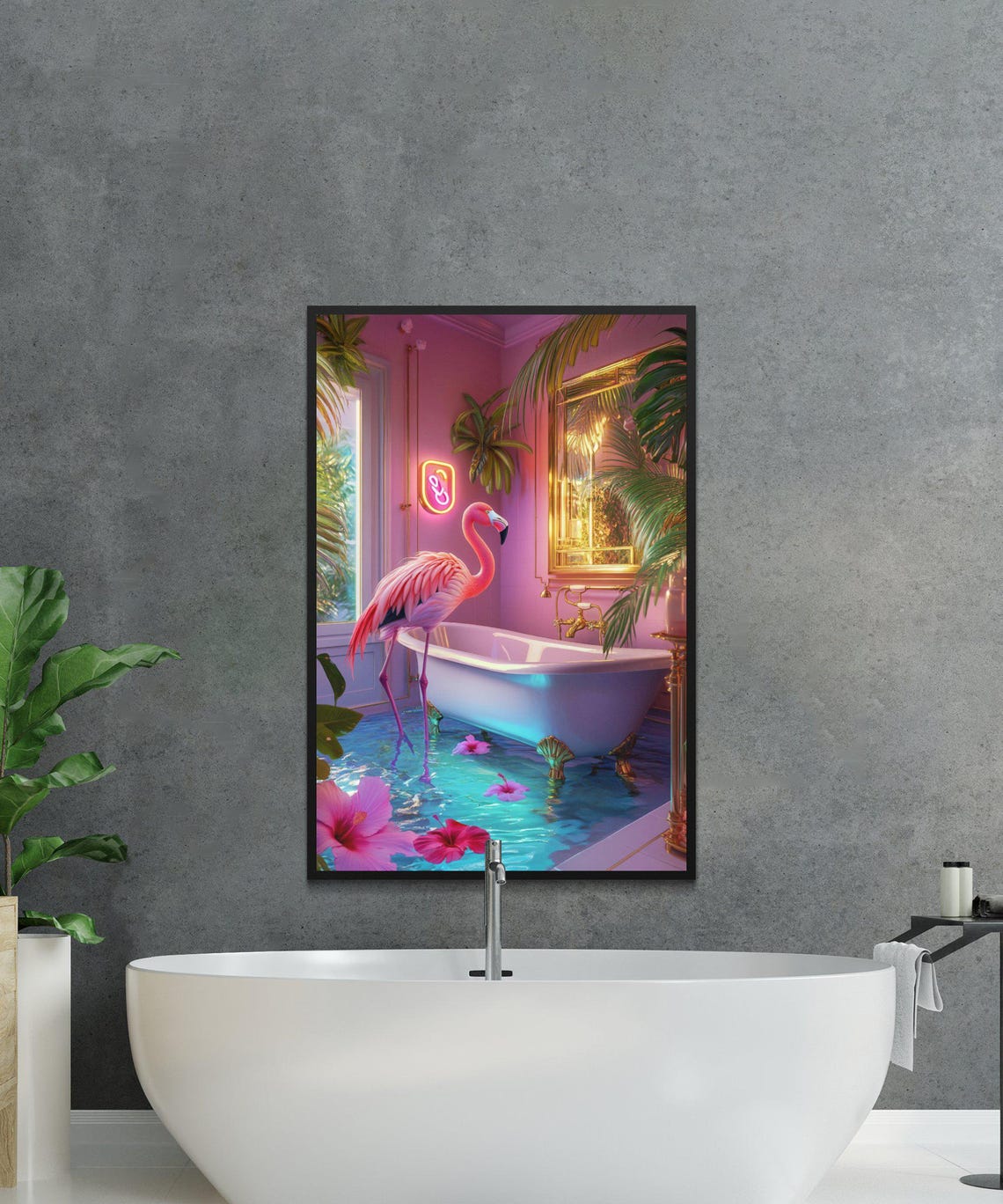 Pink Flamingo By A Clawfoot Bathtub In A Tropical Pink Bathroom Poster - Image 2