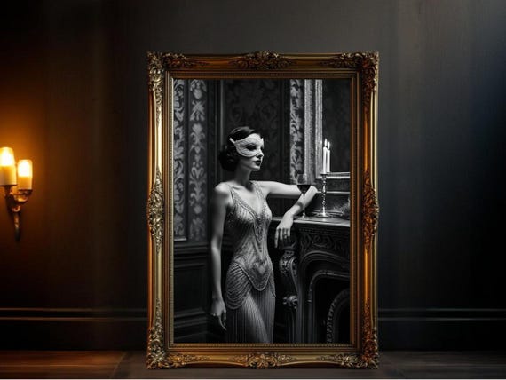 Vintage Gothic Masked Woman Wall Art Elegant Dark Mysterious Decor Victorian Style Artwork Black And White Photography Print