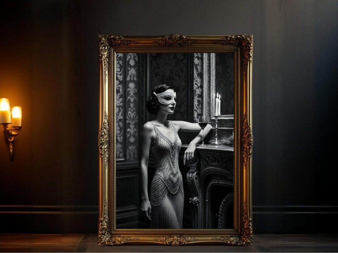Masked Woman In Beaded Flapper Dress Beside A Fireplace Poster