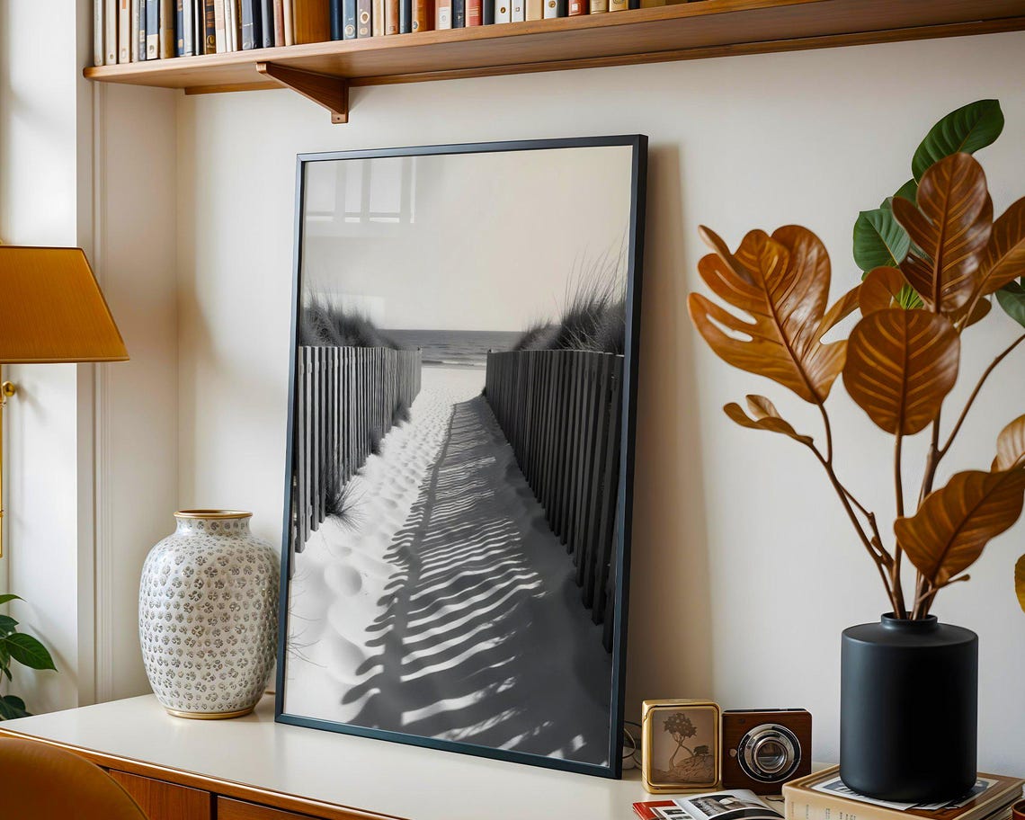 Black and White Beach Fence Path With Long Shadows Art Poster - Image 3
