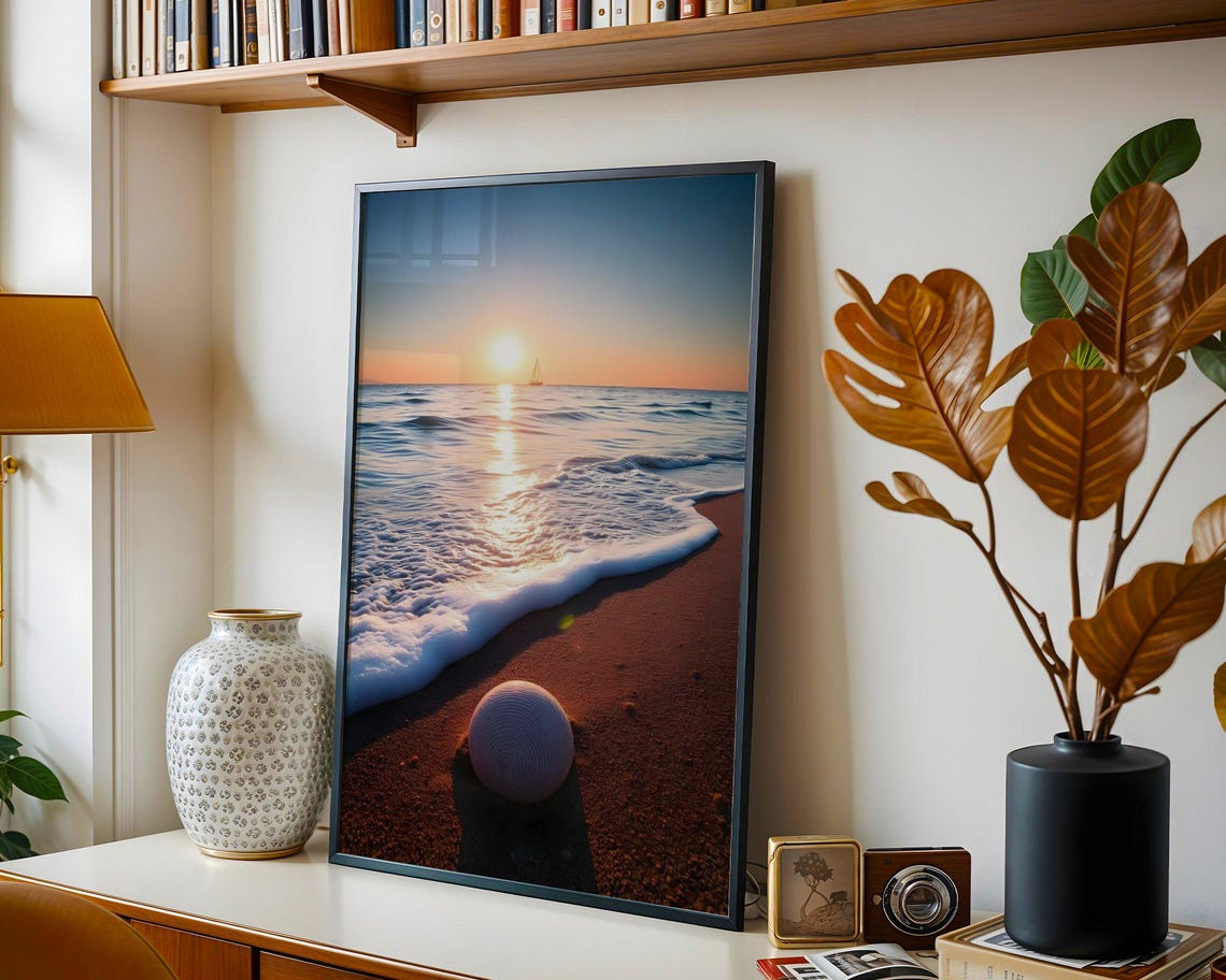 Striped Seashell Resting on Red Beach Sand at Golden Sunset Poster - Image 4