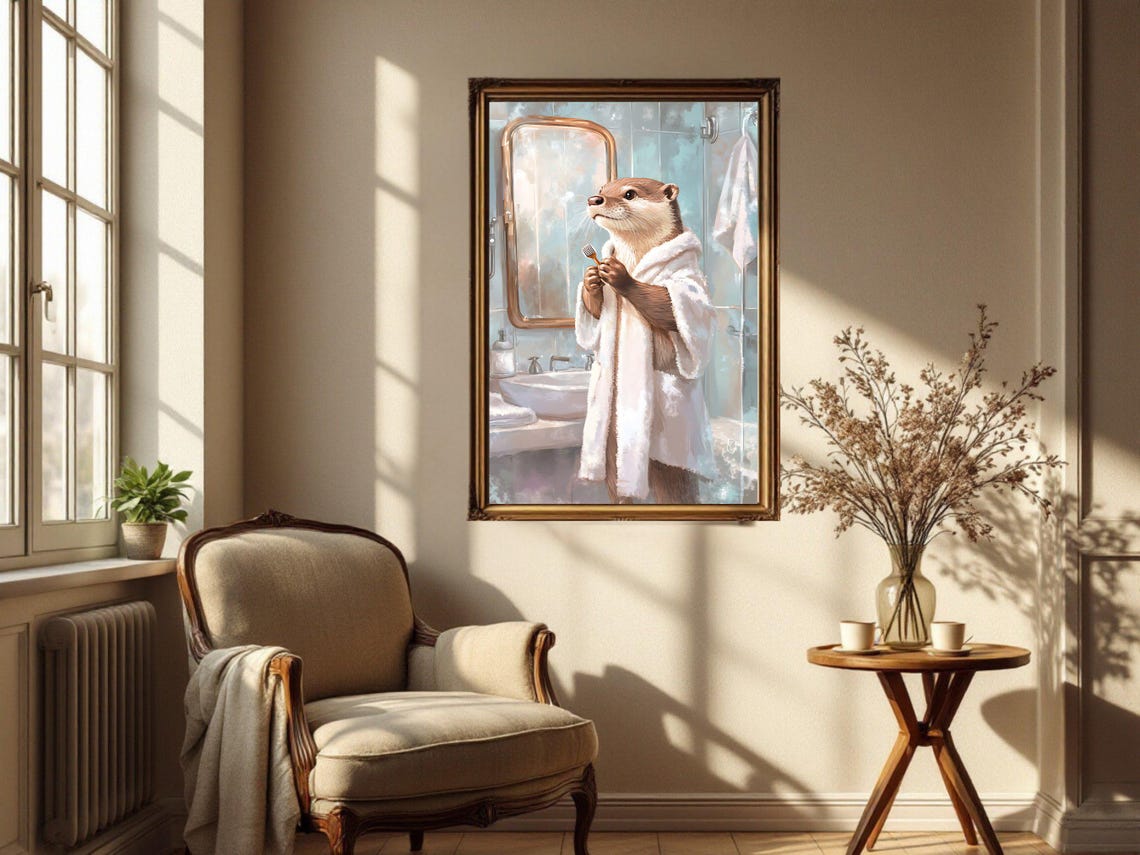 Otter in a Bathrobe Brushing Teeth at a Bathroom Mirror Poster - Image 4