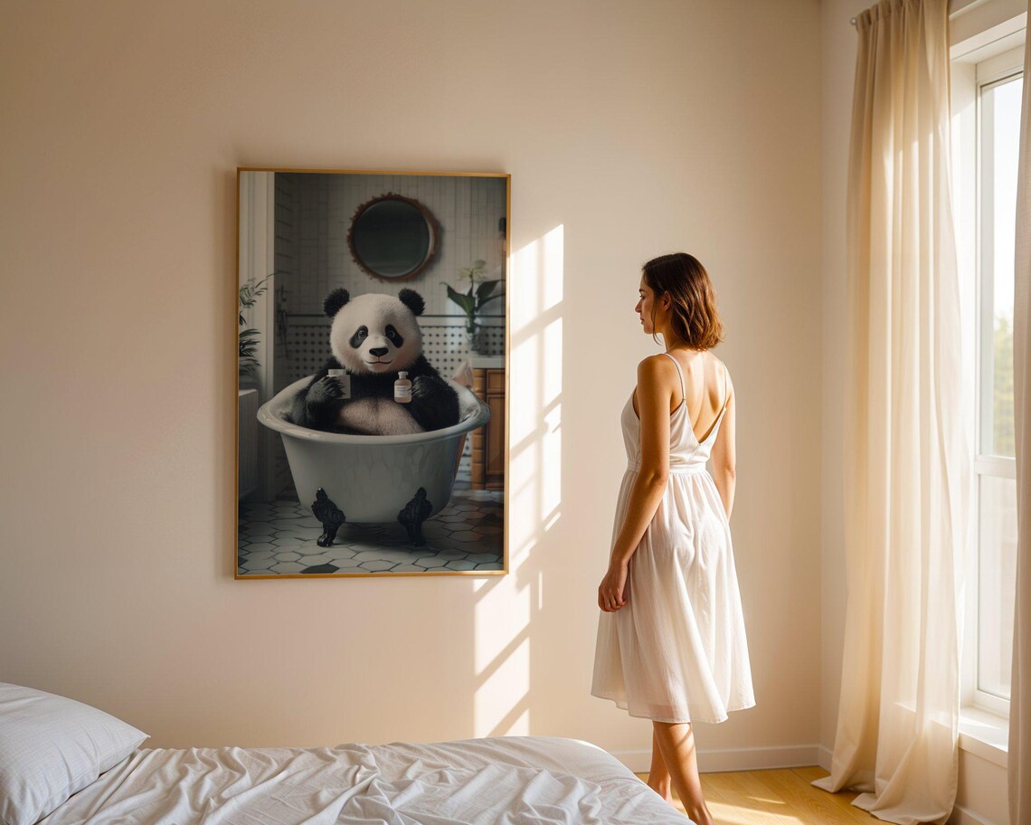 Content Panda Holding Two Bath Bottles in a Vintage Clawfoot Tub Poster - Image 3
