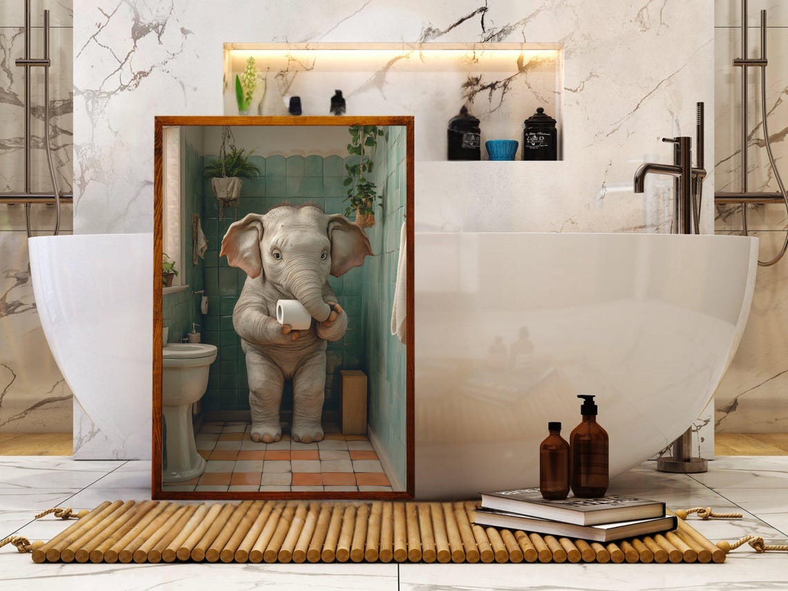 Baby Elephant Holding Toilet Paper in a Green Tiled Bathroom Poster - Image 5