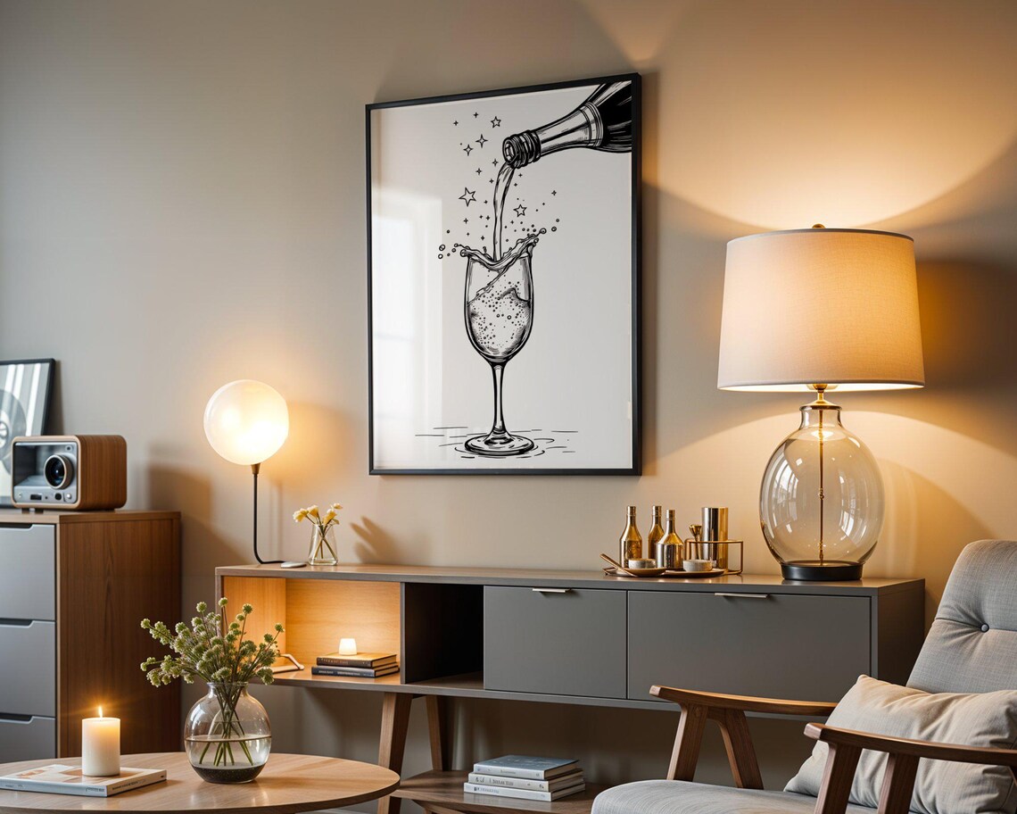 Champagne Bottle Pouring Into a Sparkling Flute Black and White Art Poster - Image 3