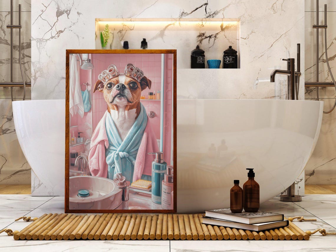 Adorable Dog With Hair Curlers Enjoying a Pink Spa Day Poster - Image 5