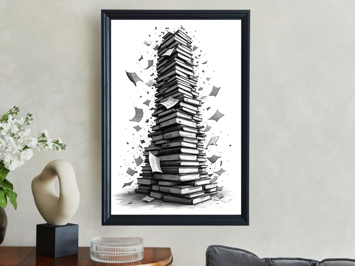Towering Stack Of Books With Flying Pages Black White Poster