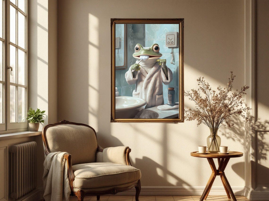 Charming Frog in Bathrobe Brushing His Teeth at the Sink Poster - Image 4